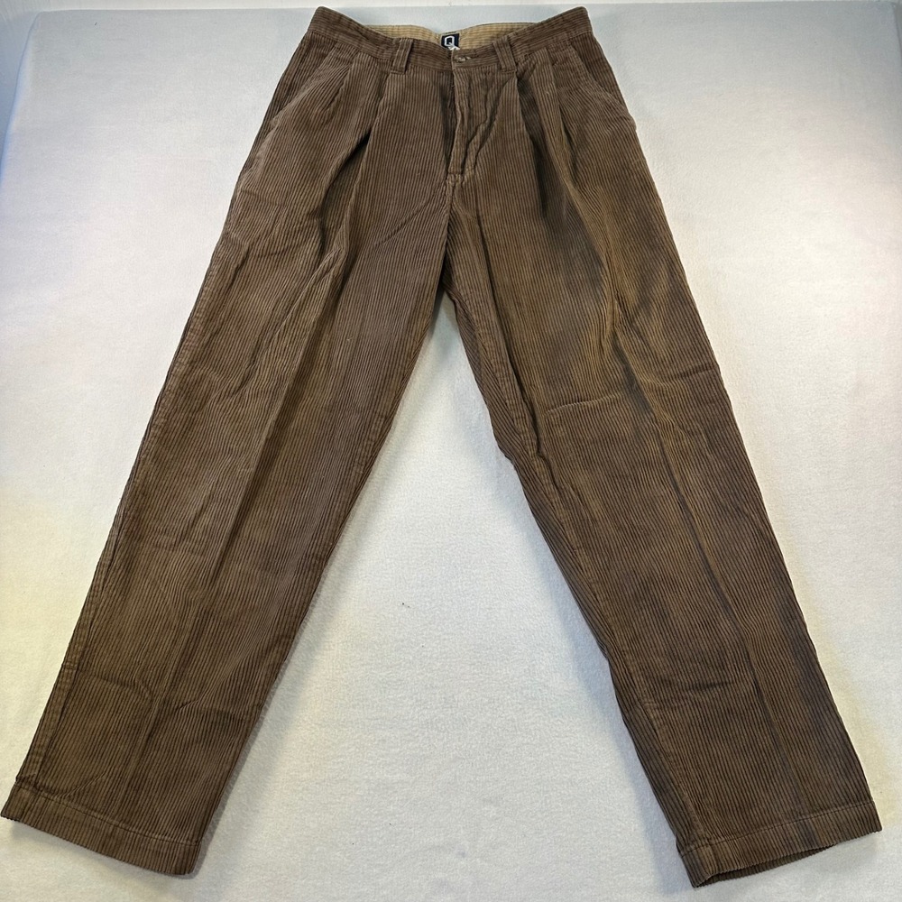 Q Mens Brown Corduroy Pleated Pants Straight Leg 32R Wide Wale Trousers Casual